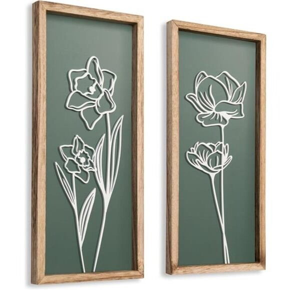 Sage Green 3D Floral Wall Art Set Boho Farmhouse Framed Decor for Bathroom - Picture 1 of 7